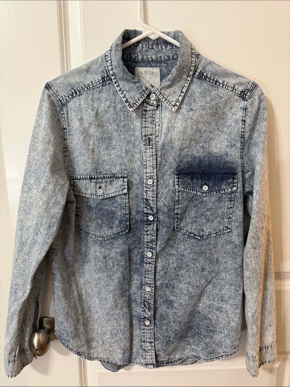 La Hearts Men's Acid Wash Denim Button-Down Shirt - Grey/Blue
